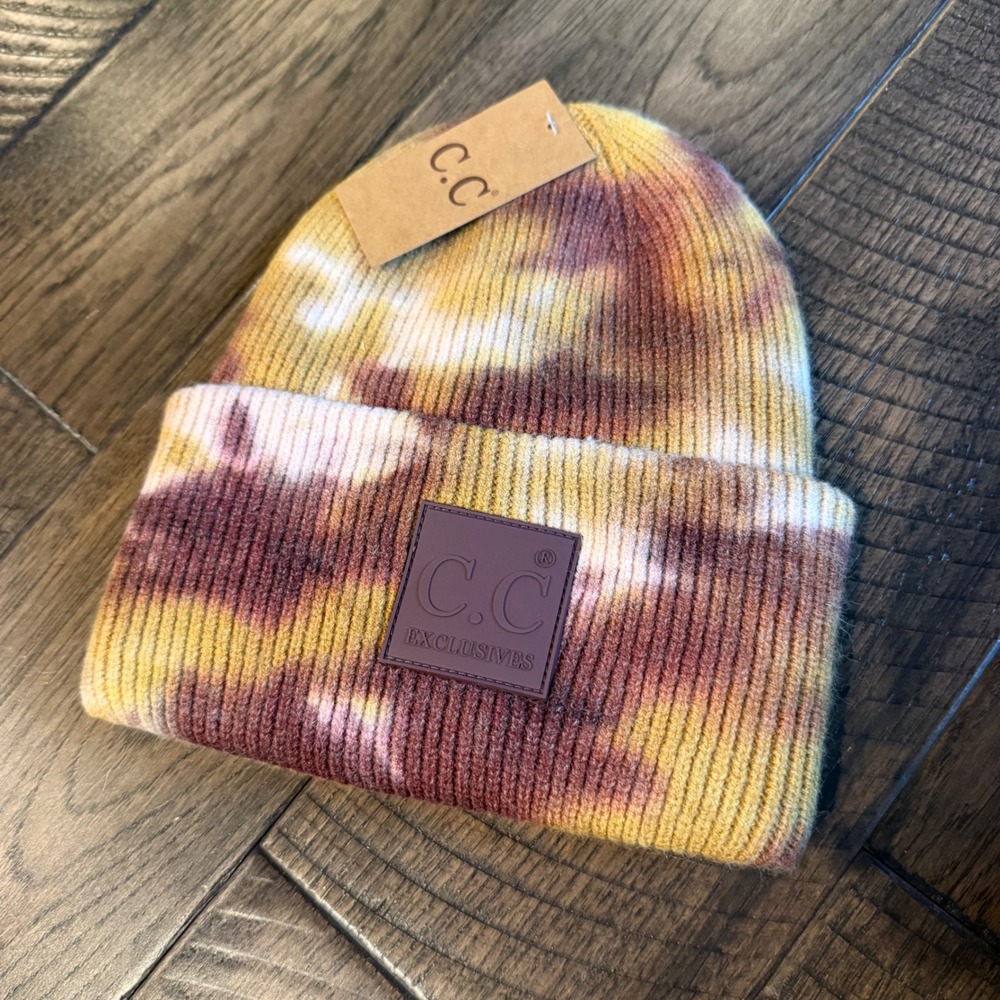 CC NWT Exclusives Women Ribbed Tie Dye Beanie Hat Yellow Brown Earth Tones